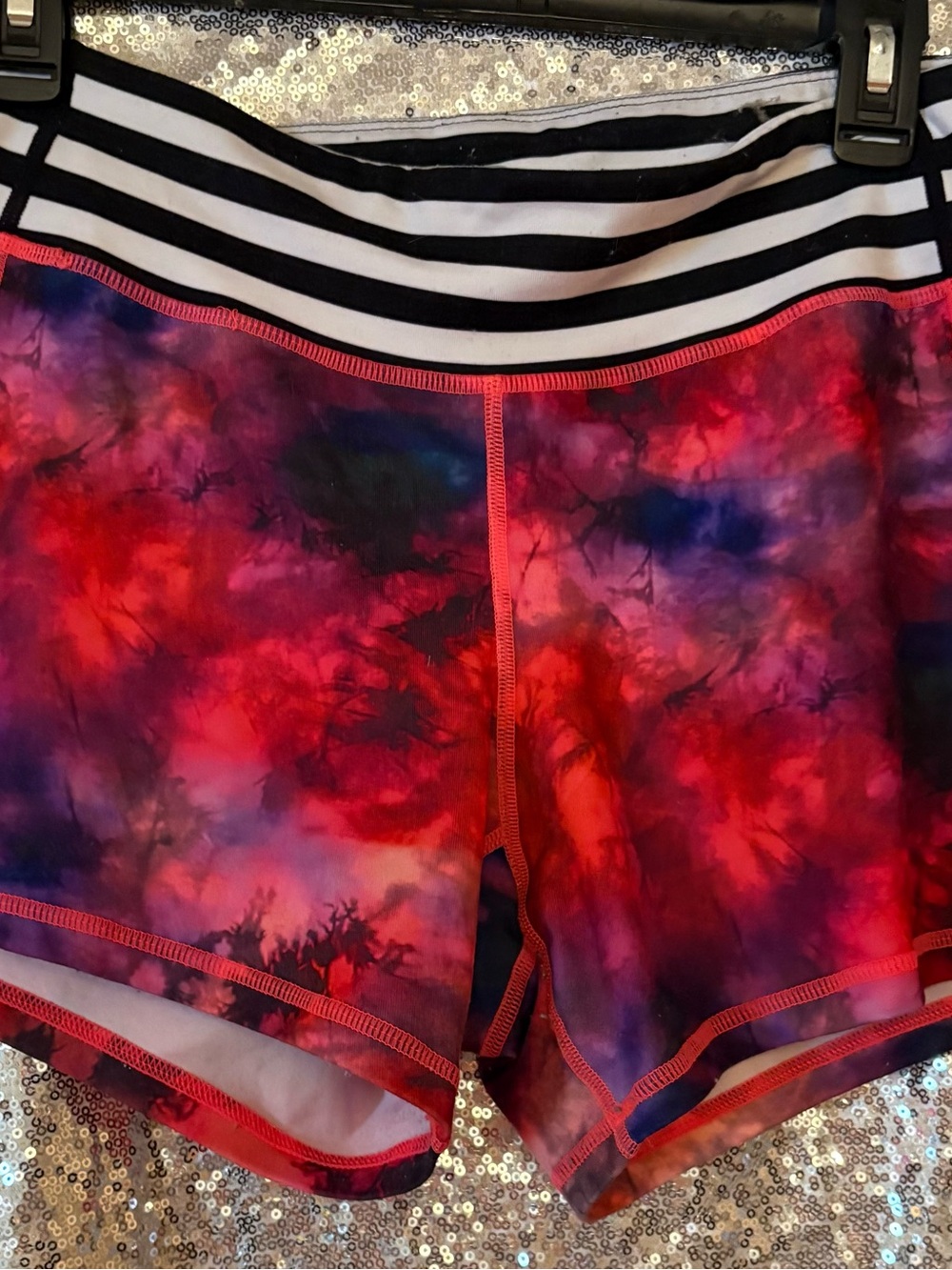 Champion Women’s Tie-Dye Red & Purple Athletic Shorts with Striped Waistband